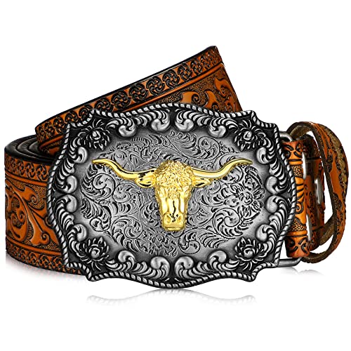 Herren Gürtel Western Leder Schnallen Gürtel Cowboy Longhorn Schnalle Blumen Gravur Schnallen Gürtel (Kamel, 47 Zoll)