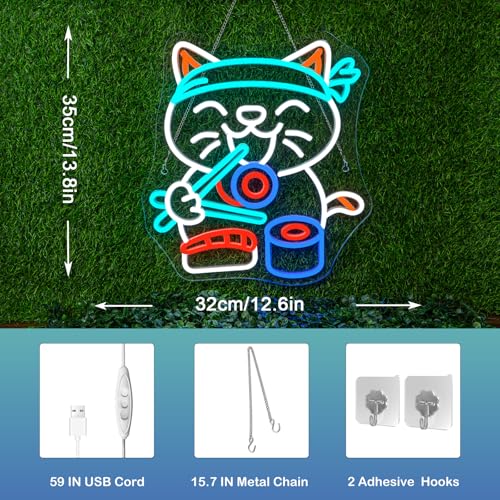 Image of Lucky Sushi Cat Neon Sign Japan Wall Light Gift for Restaurants Decoration | 13.8in*12.6in,Adjustable brightness (5 levels),Powered by USB,Applicable to Ramen Restaurants,Kitchen Home Party,Snack,Bar