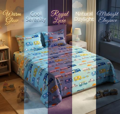 Image of VAS COLLECTIONS 7D Printed Double Bedsheet 300 TC | Soft Cotton Bed Sheet with 2 Pillow Covers | Cute 7D Design for Kids & Couples | Size 90 x 100 Inches (Kid Bus Print)