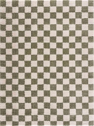 Image of Hauteloom Altair Modern Checkered High Pile Area Rug - Contemporary Geometric Carpet for Living Room, Bedroom - Machine Washable Area Rug - Off-White, Dark Green - 7'10 inch x 10'