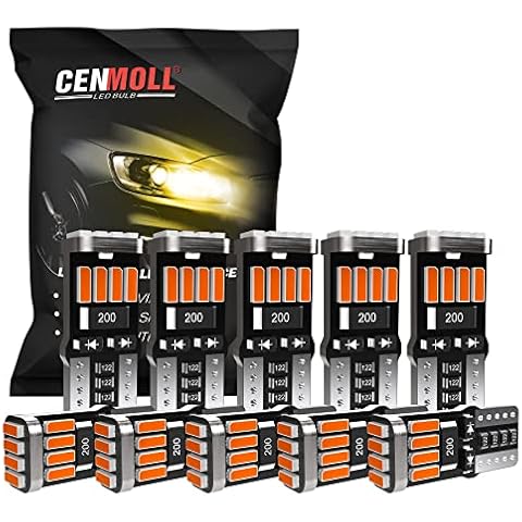 Cenmoll T10 501 W5W Led Bulb Amber Yellow, Super Bright 168 194 501 W5W Led Bulbs Canbus Error Free Car Bulb for Interior Reading Lights Number Plate Lights Dome Lights Side Lights, Pack of 10 Cover