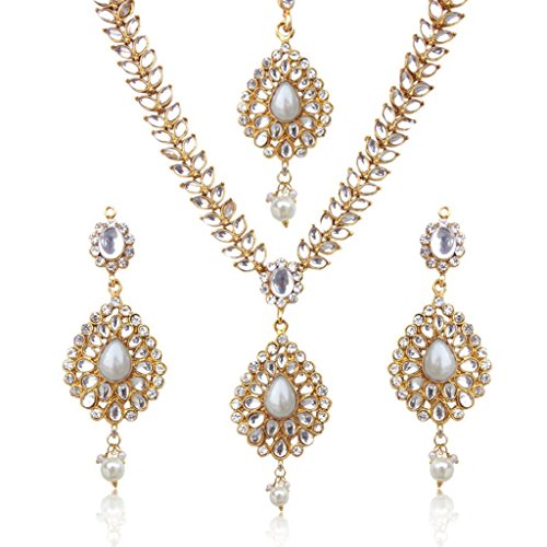 Dancing Girl Blue Indian Kundan Jewelry Set for Women Girls Bridal Necklace Indian Earrings (Pearl White)