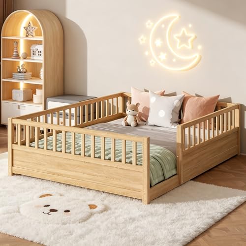 Image of Bellemave Queen Size Kids Montessori Floor Bed,Solid Wood Floor Bed Frame with High Fence and Door for Kids,Girls,Boys,Natural