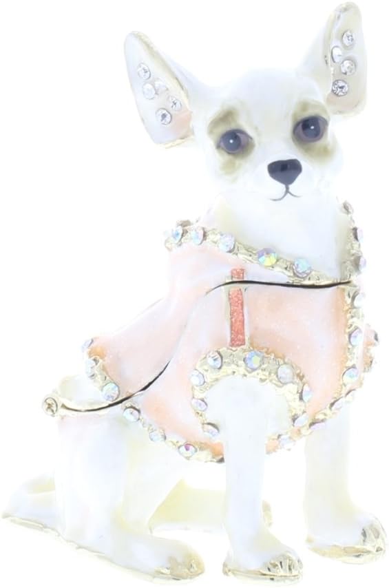 1013710A Chihuahua Dog White Trinket Box with Pink Dress, 2.25" x 2.50" x 1.25"