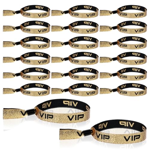 JJUNW 20 Stück VIP Stoff-Armbänder, Glitzer Eintrittsbänder mit VIP, Einlassbänder Eintrittsarmbänder, Partybänder VIP Identifikationsarmbänder für Events Konzert Festival Geburtstag Hochzeit(Gold)