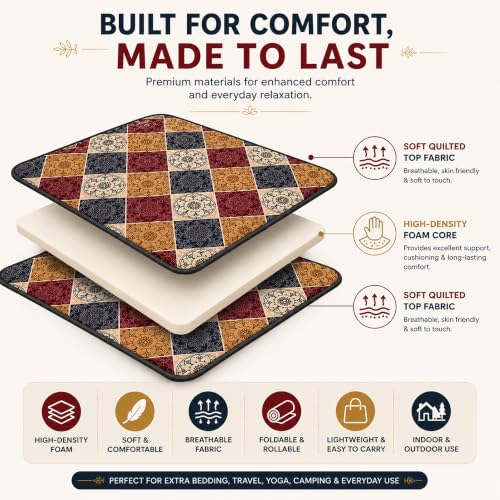 Image of K25 Cotton Floor Bed Mattress with High-Density Foam for Extra Bedding | Lightweight Reversible Portable Rolling Mat for Travel Yoga Outdoor & Camping (Size: 72x72x0.8 Inch, Multicolor)
