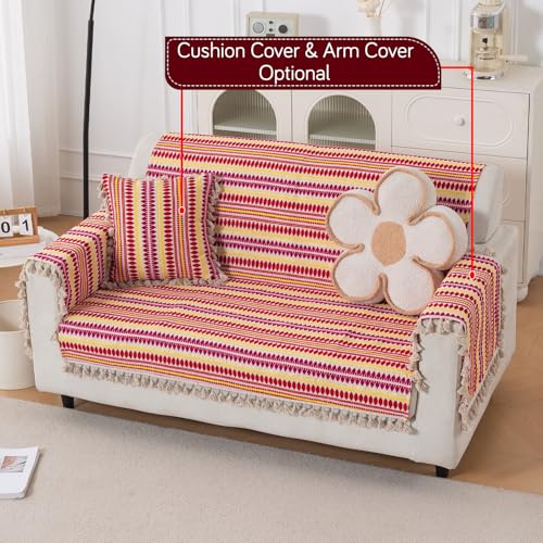 Image of HOKIPO 'Artisan Boho Series' 450 GSM Sofa Cover with Tassels | Multicolor Cotton Acrylic Jacquard Slipcover for 2 Seater Sofa, Size 152x120 cm, Ruby Red (IN-908-A6)