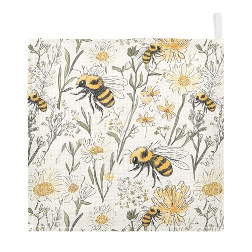Image of Bolaz Washcloths Set Bathroom Kitchen Wash Cloths Face Towels Wipes Vintage Bee Decorative 12x12 Inch 5 Pack