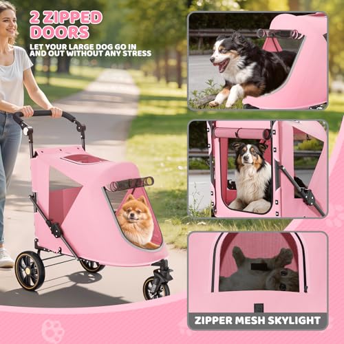 Image of Magshion 3-Wheel Foldable Dog Jogger with Adjustable Handle, Pink | Pet Stroller for Medium Larges, All-Terrain Wheels, Dual Entry, Rear Storage, Breathable Mesh, Up to 55 lbs