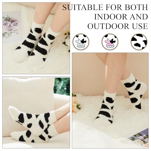 Foaincore 3 Pairs Fuzzy Cow Socks for Women Cow Print Stuff Chunky Hose Cute Winter Fluffy Cozy Slipper Socks Warm Funny Animal Hose Gifts for Women Favors4