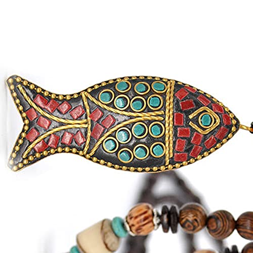 COLORFUL BLING Handmade Vintage Turquoise Wooden Beads Necklace Tibetan Carved Long Tassel Necklace for Women Wood Jewelry-fish2