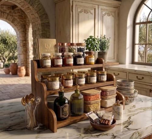 Image of 3-Tier Spice Rack, 13.8 Inch Wood Spice Bottles, Jars, Seasonings, Baking Supplies, Shelf Countertop Spice Storage Holder, Kitchen Pantry Cabinet Organizer Cupboard (BROWN)