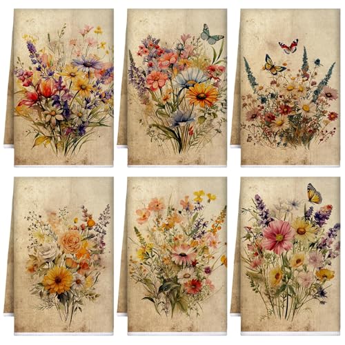 Image of Bencailor 6 Pcs Wildflowers Kitchen Towels Decorative Sets Dish Towels Absorbent Fast Drying Hand Tea Vintage Hanging Reusable Cleaning Dishcloths for Cooking Farmhouse Bathroom Accessory