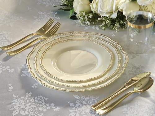 " OCCASIONS " 50 Plates Pack (25 Guests)-Heavyweight Wedding Party Disposable Plastic Plate Set -25 x 10.25'' Dinner + 25 x 7.5'' Salad/dessert plates (Rochelle Ivory and Gold) by OCCASIONS FINEST PLASTIC TABLEWARE - Image 6