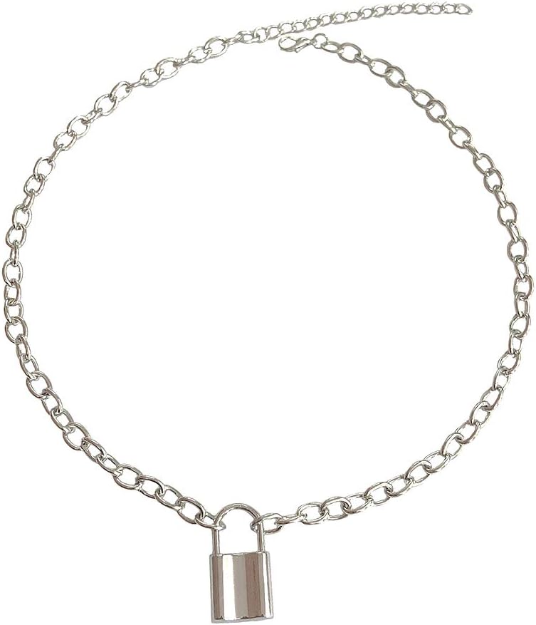 ROSTIVO Chain Necklace for Women and Men Egirl Lock Pendant Necklace Silver Punk Chain Necklace for Boys and Girls