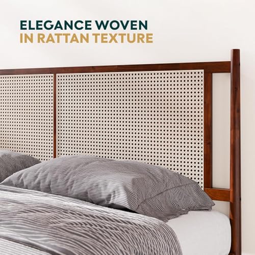 Image of Arman HANDICRAFTS King Size Wooden Bed with Rattan Cane Headboard | Solid Wood Platform Bed Frame with Slats | Mid-Century Modern Bed | No Box Spring Required | Easy Assembly | Brown Finish