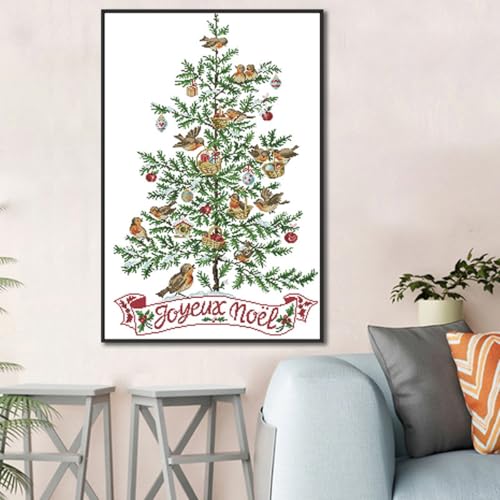 Image of Rosyfoxes Cross Stitch Kits Stamped Full Range of Embroidery Starter Kits for Adult DIY 14CT 2 Strands -Printed kit The Christmas Tree with Birds (Printed) 18.1x25.2inches