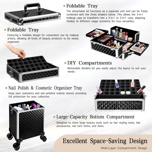 Image of 5 in 1 Rolling Makeup Train Case Professional Cosmetic Trolley Large Storage Organizer on Wheels for Hairstylist Artist Nail Beauty Salon Barber Black