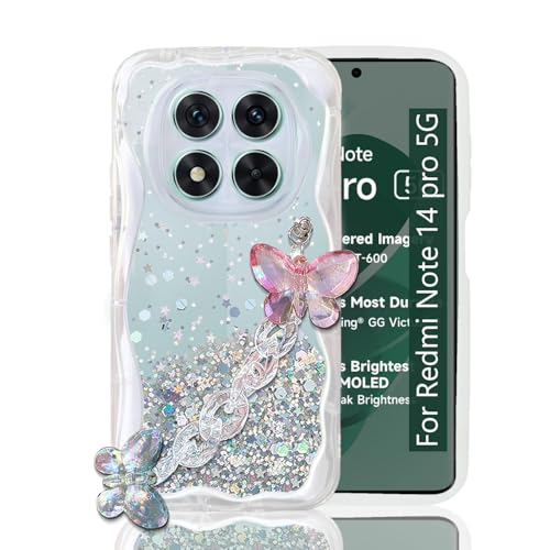 Image of KC Back Cover for Redmi Note 14 Pro 5G - Curly Wave Dry Fixed Glitter Crystal Butterfly Wrist Bracelet Shockproof Soft Silicone Camera Protection Case (Transparent)
