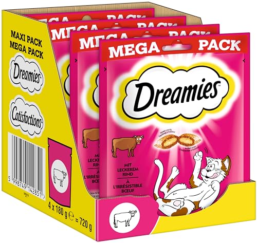 Dreamies Katzensnacks mit Rind – Traumhaft knusprige Taschen mit zarter Füllung im Mega Pack, 4 x 180g
