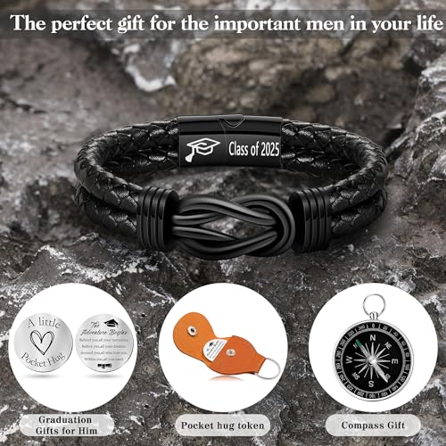 Graduation Gifts for Him, 2025 High School Graduation Gifts Class of 2025 Teen Gift Trendy Stuff Leather Bracelet for Men with Pocket Hug Token Compass College Middle 5th 8th Grade Masters Degree Graduate Knot Jewelry for Son Grandson Boyfriend