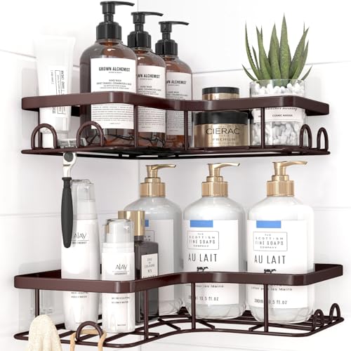 Sakugi Corner Shower Caddy - 2 Pack, Adhesive Shower Organizers, Rustproof Stainless Steel Shower Shelves with 8 Hooks, No Drilling Bathroom Organizers and Storage Racks, Space-Saving, Brown, Medium