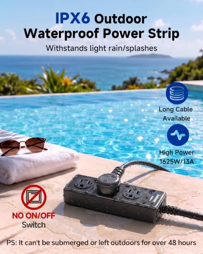 Image of Outdoor Power Strip Weatherproof, 3 AC Outlets, 1625W /13A High-Power Single-Device Use, IPX6 Waterproof Extension Cord for Backyard, Patio, Home Office, Garage, Workshop, Camping, 10FT