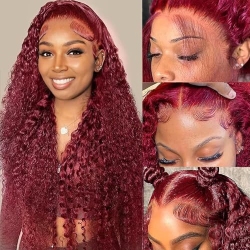 Image of 20 Inch 99j Burgundy Lace Front Wigs Human Hair 13x4 Lace Front Wigs Human Hair Pre Plucked Deep Wave Curly Wig 180% Density Water Wave Human Hair Wig Wet Wavy Wine Red Glueless Colored Wig for Women