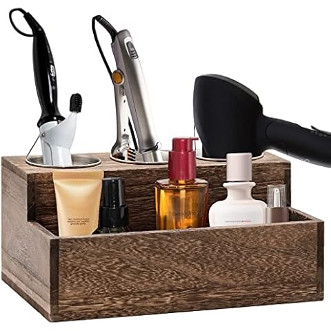 Wooden Hair Dryer Holder - Rustic Hair Tools Organizer with 3 Circular Holes and 1 Compartment, Wooden Hair Accessories Organizer for Bathroom Vanity Countertop Storage Hair Dryer, Accessories Cover