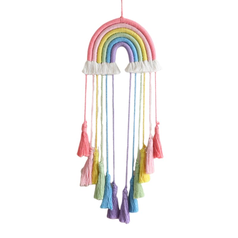 Image of Honcas Rainbow Macrame Wall Hanging - Hand-Woven Cotton Tassel Tapestry Decor for Baby Room, Nursery, and Home Decor (Pink Rainbow)