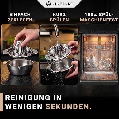 Foto von LINFELDT 450ML Zitronenpresse Edelstahl - Orangen & Limetten - Rostfrei & Spülmaschinenfest - fängt Kerne & Fruchtfleisch auf - 16,7B x 13,5H cm