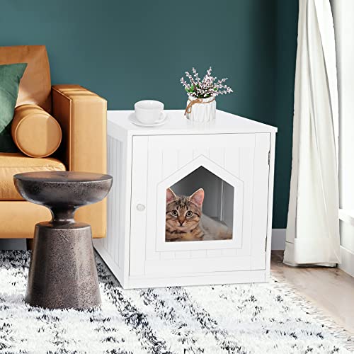 Epetlover Cat Litter Box Enclosure Decorative Cat House & Side Table Indoor Hidden Pet Box Wooden Kitty Washroom With Vent Holes, White #TOP4