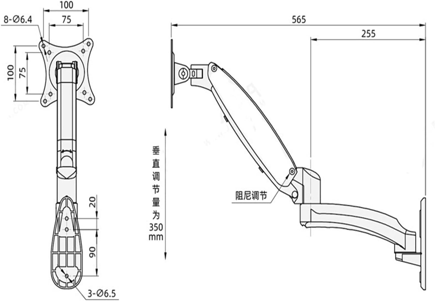 Computer monitor wall-mounted bracket 27-inch gas spring free-hover industrial lift GM112W
