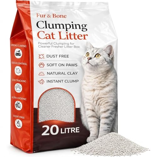 Fur & Bone 20L Clumping Cat Litter Natural Bentonite Clay Fast Clumping Ultra Absorbent Low Dust Unscented Easy Scoop Formula for Odour Control Indoor Cats & Litter Tray Use