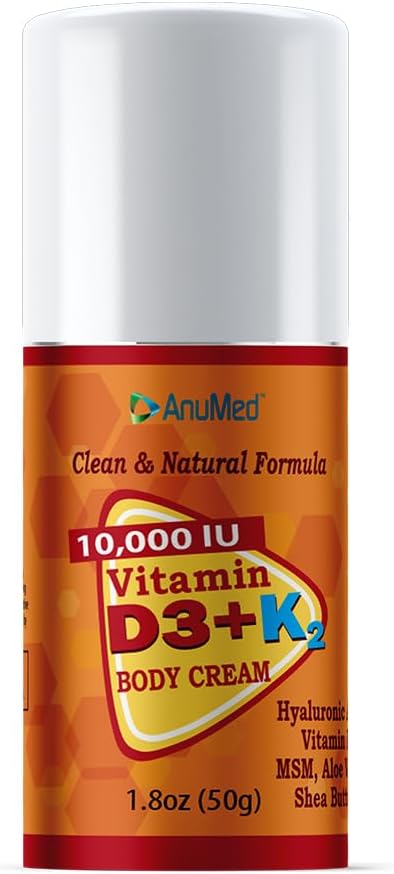 ANUMED - Vitamin D3 with K2 10000 IU Cream + Magnesium + Hyaluronic Acid + Vitamin E. Promotes Stronger Bones, Muscles, Joints. Maximum Calcium Absorption, Travel Size (1.8oz) (Package May Vary)
