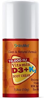 ANUMED - Vitamin D3 with K2 10000 IU Cream + Magnesium + Hyaluronic Acid + Vitamin E. Promotes Stronger Bones, Muscles, Joints. Maximum Calcium Absorption, Travel Size (1.8oz) (Package May Vary)