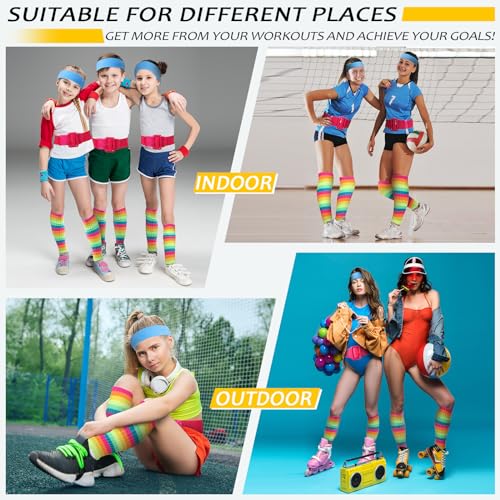 Women Girls 80s Workout Costume Set Rainbow Leg Warmers Pink Belt Blue Sweatband Neon Outfit Accessories for Halloween4