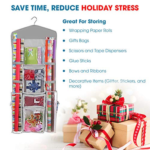 Propik Hanging Double Sided Christmas Gift Wrapping Paper Storage Organizer With Multiple Pockets Organize Your Gift Wrap, Gift Bags Bows Ribbons 40"X17" Fits 40 Inch Rolls Clear Pvc Bag (Grey) #TOP4