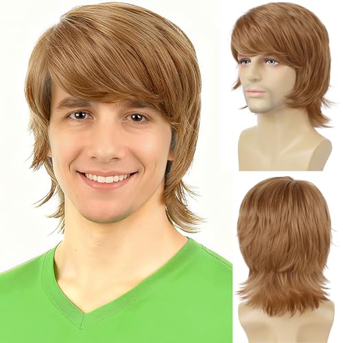 Wallden Hair Shaggy Mens Wig with Glasses 70s Funny Wigs for Men Disco Rocker Costume Short Brown Wig for 60s Cosplay Halloween Party
