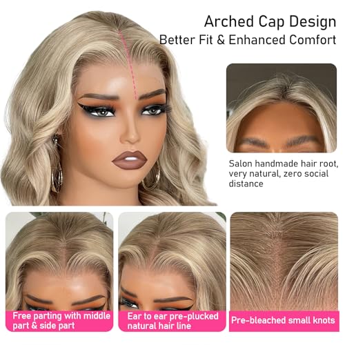 Image of Balayage Highlight Ash Blonde Lace Front Wigs Human Hair 250% Density Body Wave Ombre Human Hair 13x6 Skinliked UHD Transparent Lace Wigs Handmade Balayage Jewish Wig 26 Inch