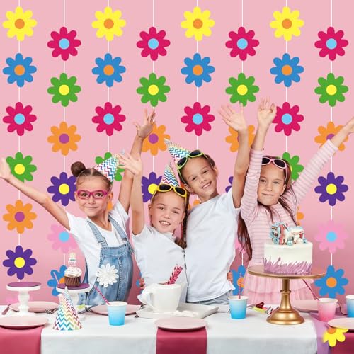 Image of Pasimy 8 Pcs Daisy Boho Party Decorations Groovy Daisy Paper Garlands White Flower Hanging Garland Banner Hippie Flower Cutouts for Birthday Shower Wedding Retro Party Favor (Hippie,Colorful)