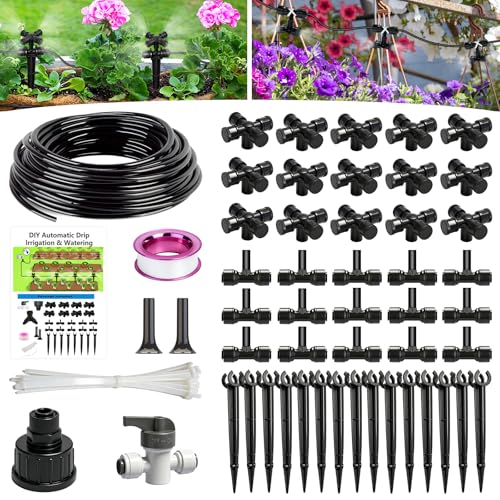Bewässerungssystem Garten, 56PCS Garten Bewässerung Kit, 15M 4/6mm Bewässerungsschlauch, 360° Automatische Gartenbewässerung Tröpfchenbewässerung Misting Kühlsystem für Landschaft, Gewächshaus, Balkon