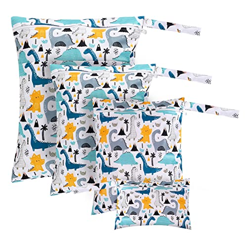 4 Piezas Bolsa Mojada, Bolsas de Pañales de Tela Bolsa Organizadora Impermeable Bolsa de Almacenamiento Lavable Bolsas de Pañales de Tela Seca y Húmeda para Viajes Bolsa de Gimnasio Dinosaurs