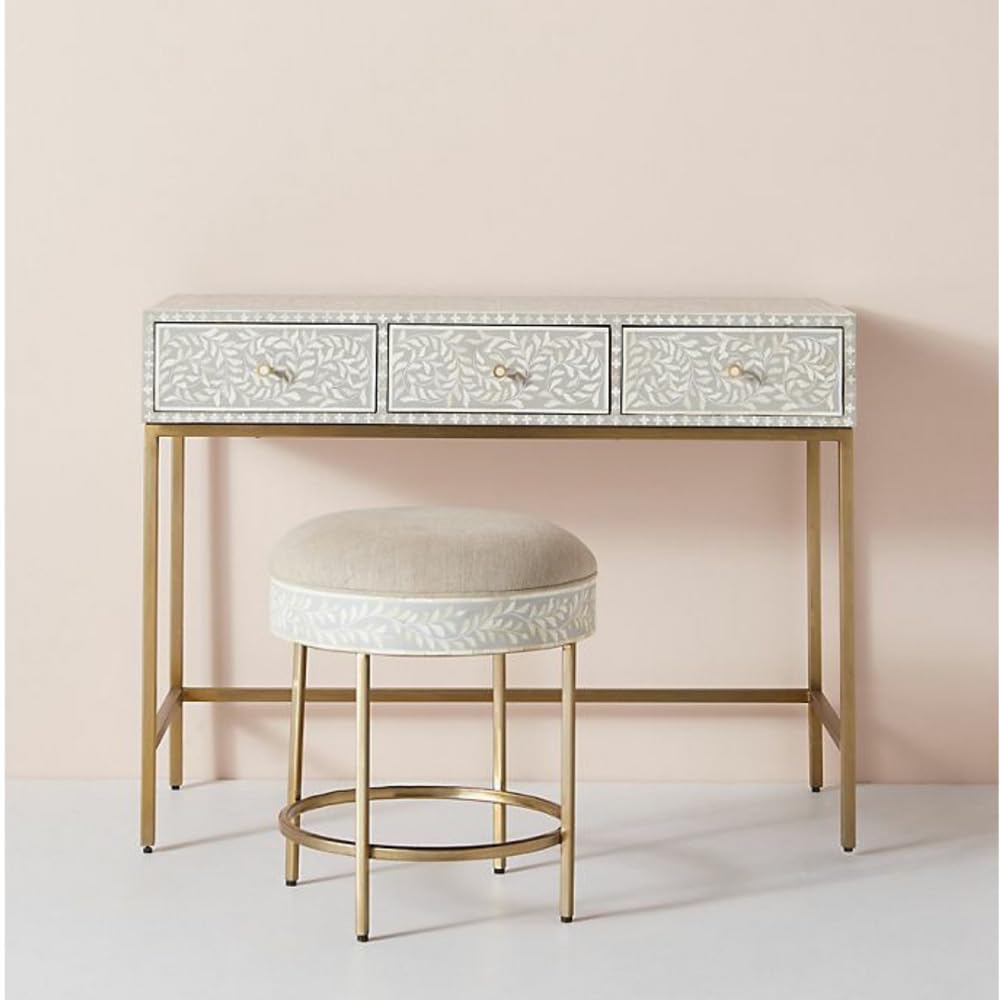 Elegant Bone Inlay Dressing Table with Stool – White & Grey Floral Pattern-image-37