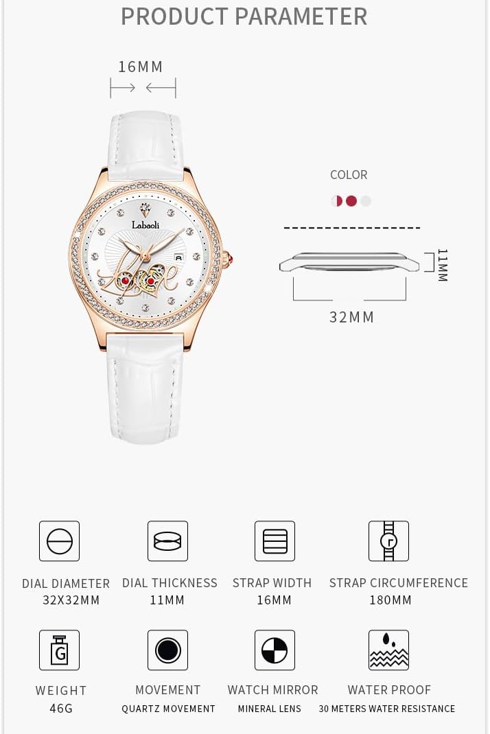 Watches for Women Diamond Leather Band Fashion Dress Casual Ladies Female Waterproof Wife Luxury Gifts Love Red Wrist Watch - Image 6