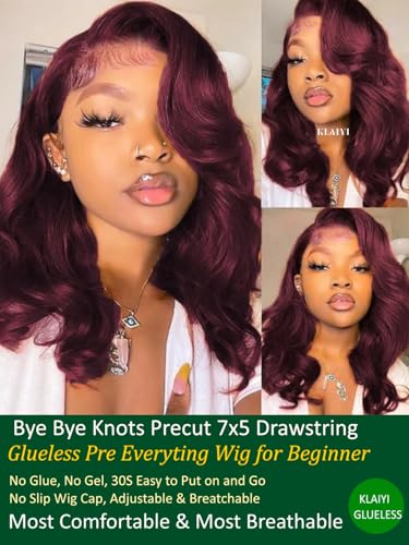 Image of KLAIYI Black Cherry Bob Loose Body Wave Precut 7x5 HD Lace Front Wigs Human Hair Glueless Bye Bye Knots Drawstring Red Burgundy Wig with Curtian Bang Pre Plucked Bleached Ready to Put On And Go 14Inch