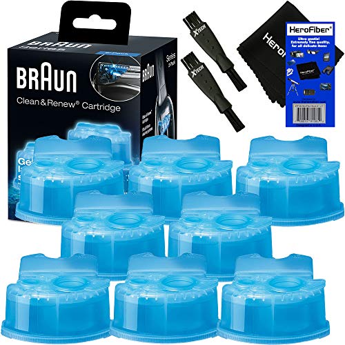 Braun Clean & Renew Refill Cartridges, Replacement Cleaner, Cleaning Solution (8 Pack) for Series 3, Series 5, Series 7 & Series 9 + Double Ended Shaver Brush + HeroFiber Ultra Gentle Cleaning Cloth