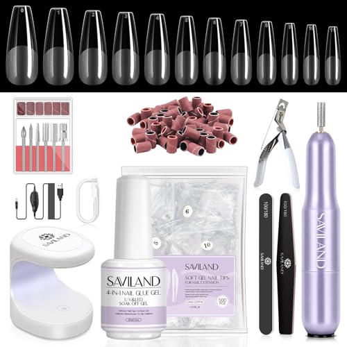 SAVILAND Capsule Americaine Ongles Colle Kit Complet, 500 PCS Faux Ongle Ballerine avec Lampe U V/LED a Ongle, Ponceuse a Ongle Professionel et Colle, Kit Ongle Pose Americaine pour Debutant