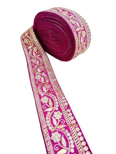 Image of Embroidery Gold Work with Sequence Design Lace Border Falls for Saree, Kurti, Dresses, Bandhani, Lehenga, Decorative Ribbon (6.5 cm Width) (6 Meter, Pink)
