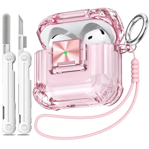 Safety Lock for Airpods 4 Case, Clear Pink for Apple Airpod 4 Case (2024) (USB-C), for Airpod 4 Case Cover with Cleaner kit for Girly Women, Air Pod 4 Case with Lanyard and Keychain, Clear Pink